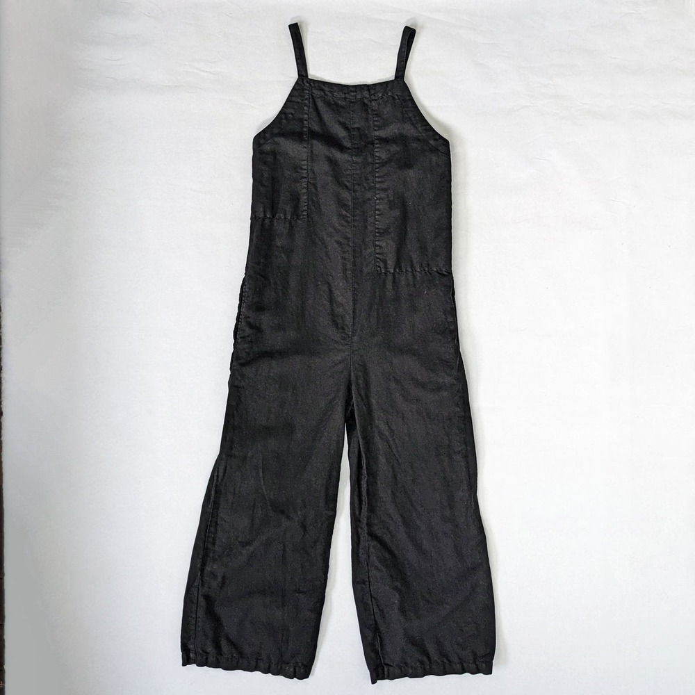 LACAUSA Jumper Overalls Crop Wide Leg Buttons Straps Romper, Black XS